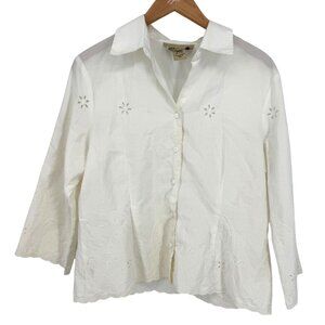Jones NY Country White Eyelet Embroidered Button Up Shirt Womens 16P Cottagecore